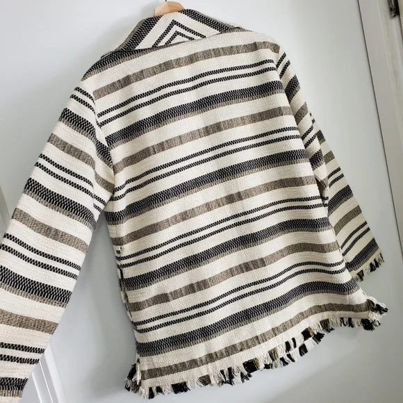 Scotch And Soda Medium Jacket Open Front Cotton Coat Neutral Stripes Boho Fringe - Picture 2 of 16